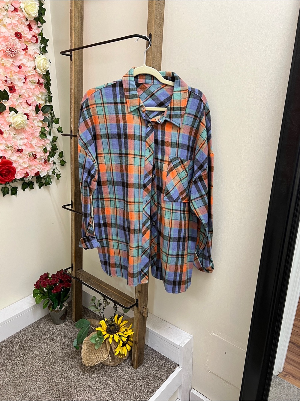 Plaid Button-Up Shirt Jacket in Blue & Orange